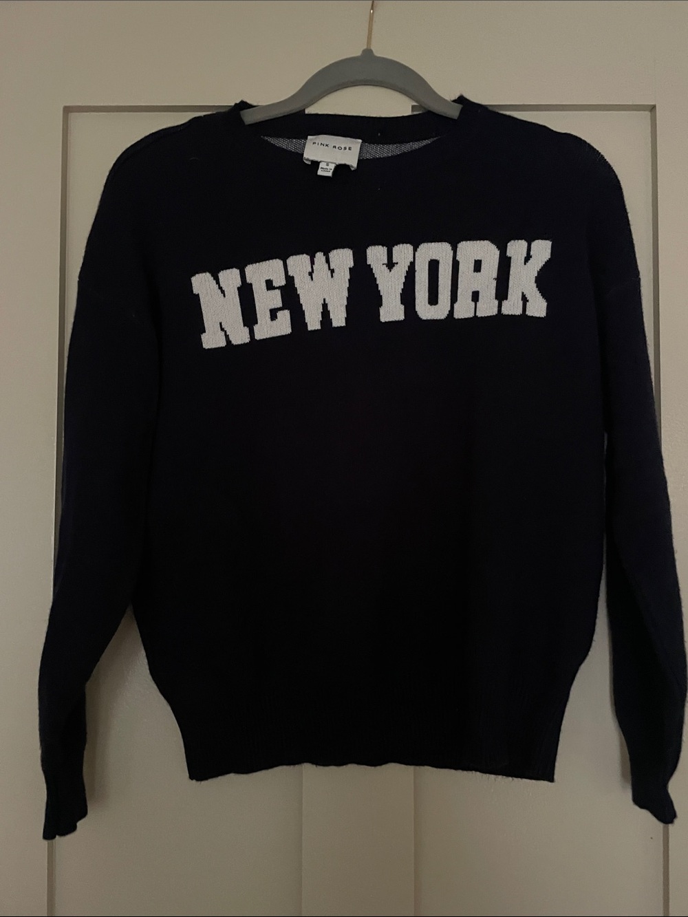 Pink Rose Navy Crewneck Sweater with White 'NEW YORK' Lettering